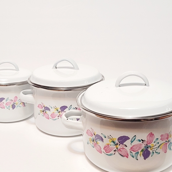 Vintage NEW enamel floral mini stock pots with lids - Picture 3 of 12